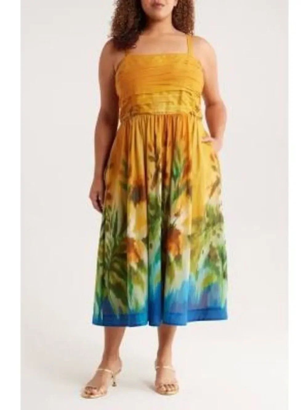 Tahari ASL Women’s Smocked Bodice Border Print Cotton Midi Dress Size 8P